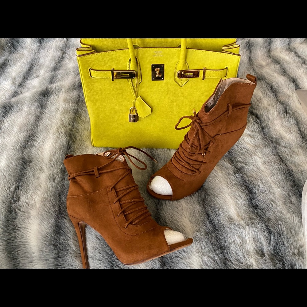 Cognac Brown UltraSuede Lace Up Open Toe Boots 11